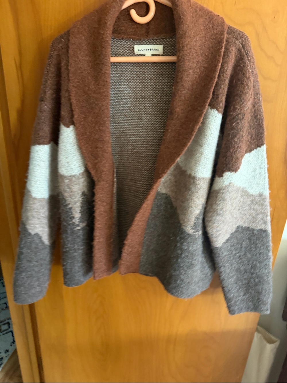 Lucky Brand Brown and Gray Colorblock Shawl Collar Cardigan